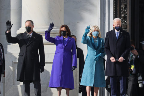 A photo of Doug Emhoff, U.S. Vice President-elect Kamala Harris, Jill Biden and President-elect Joe Biden on Inauguration Day 2021